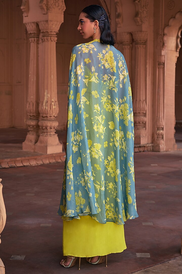 Ice Blue Crepe & Organza Floral Printed Cape Set by DiyaRajvvir at Pernia's Pop Up Shop