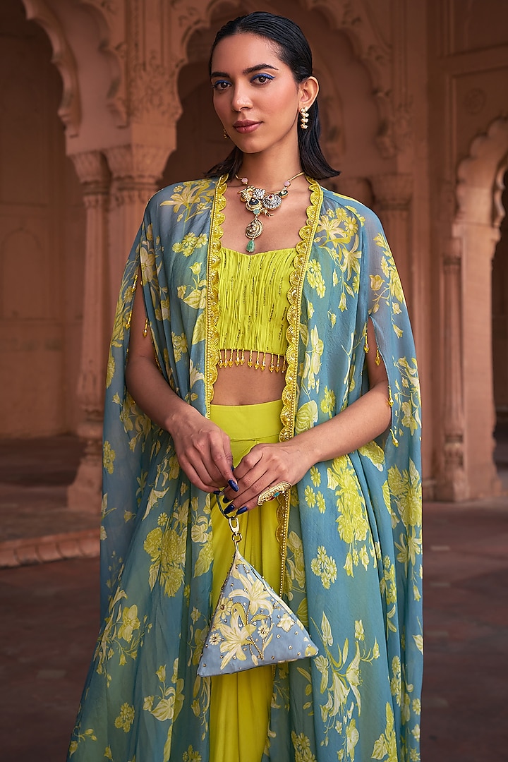 Ice Blue Crepe & Organza Floral Printed Cape Set by DiyaRajvvir at Pernia's Pop Up Shop