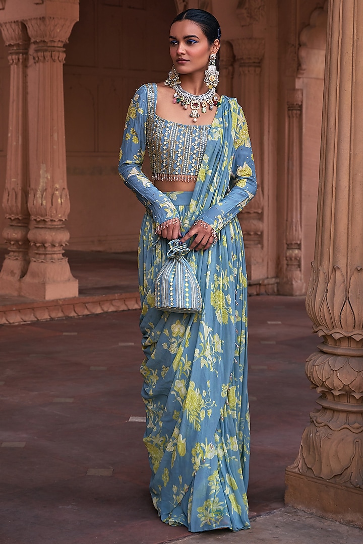 Ice Blue Crepe & Georgette Floral Printed Gathered Skirt Saree Set by DiyaRajvvir
