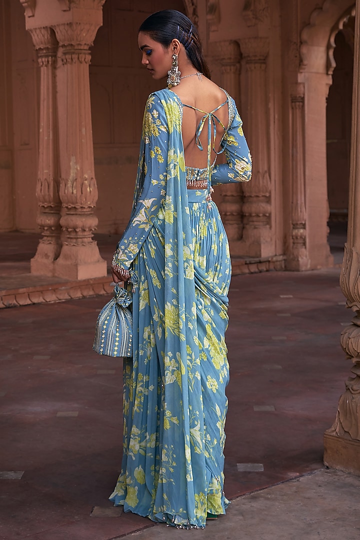 Ice Blue Crepe & Georgette Floral Printed Gathered Skirt Wedding Saree Set by DiyaRajvvir at Pernia's Pop Up Shop