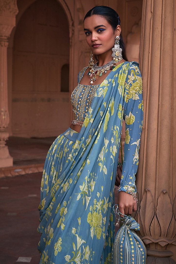 Ice Blue Crepe & Georgette Floral Printed Gathered Skirt Wedding Saree Set by DiyaRajvvir at Pernia's Pop Up Shop