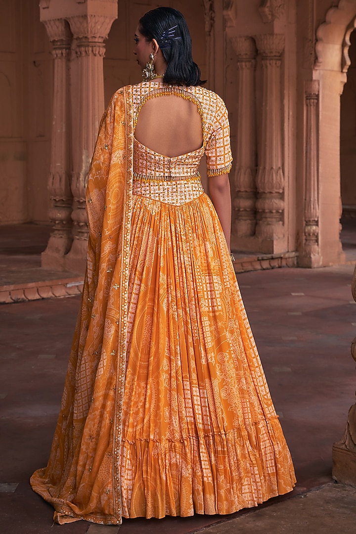 Mustard Crepe & Georgette Thikri Printed Wedding Lehenga Set by DiyaRajvvir at Pernia's Pop Up Shop