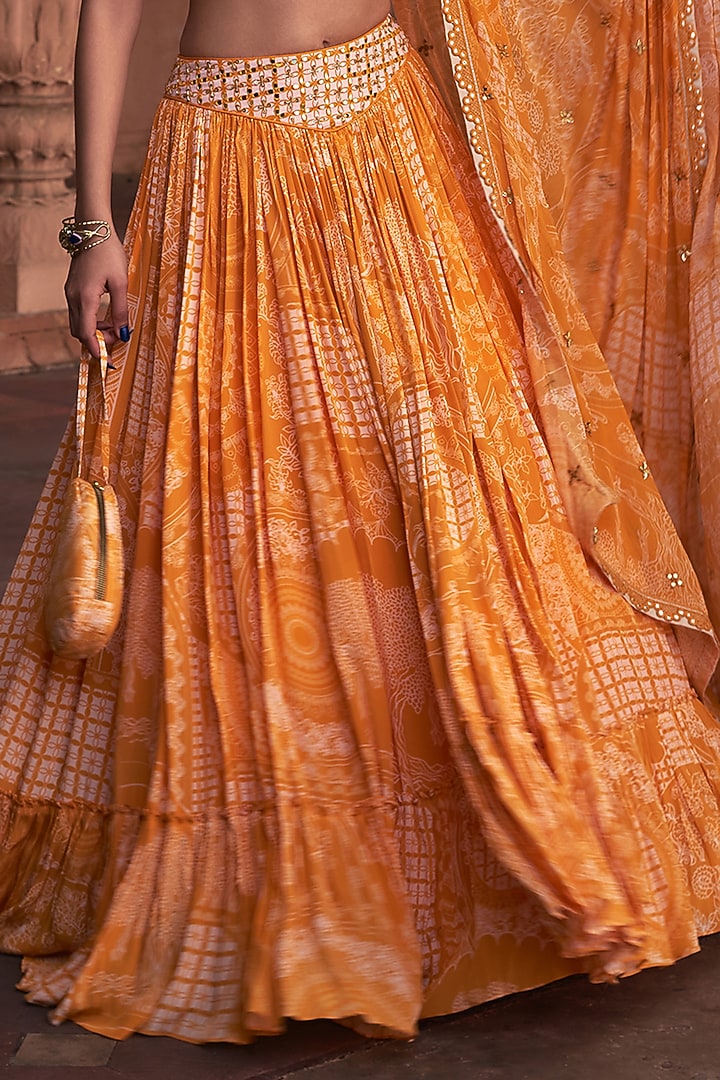 Mustard Crepe & Georgette Thikri Printed Wedding Lehenga Set by DiyaRajvvir at Pernia's Pop Up Shop