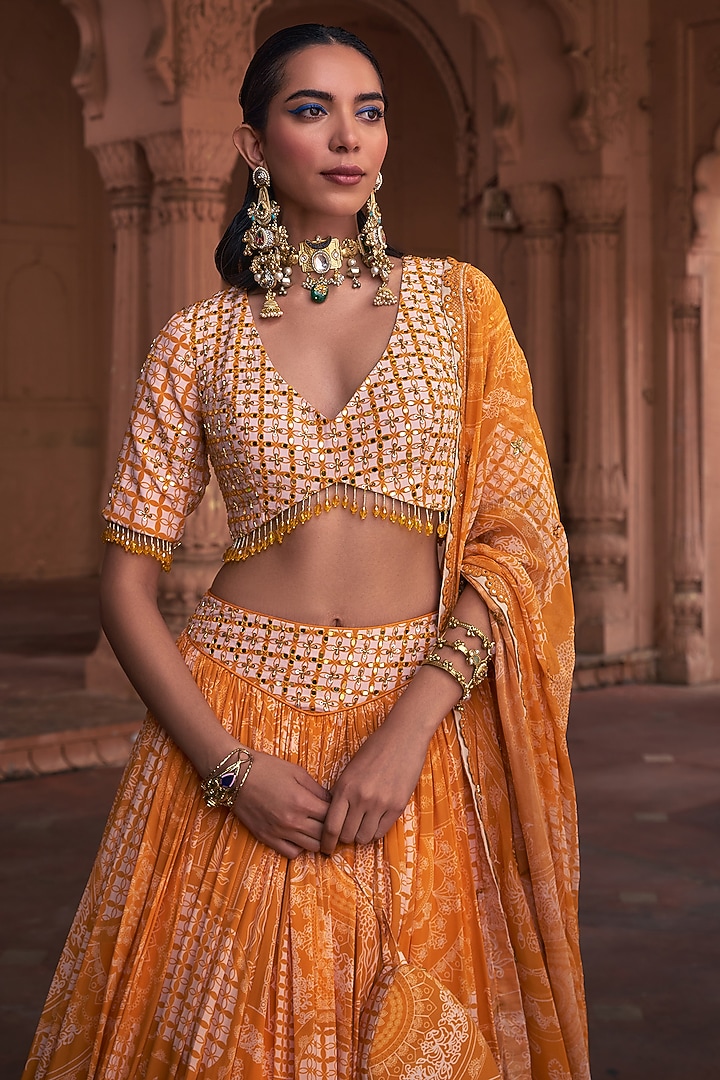 Mustard Crepe & Georgette Thikri Printed Wedding Lehenga Set by DiyaRajvvir at Pernia's Pop Up Shop