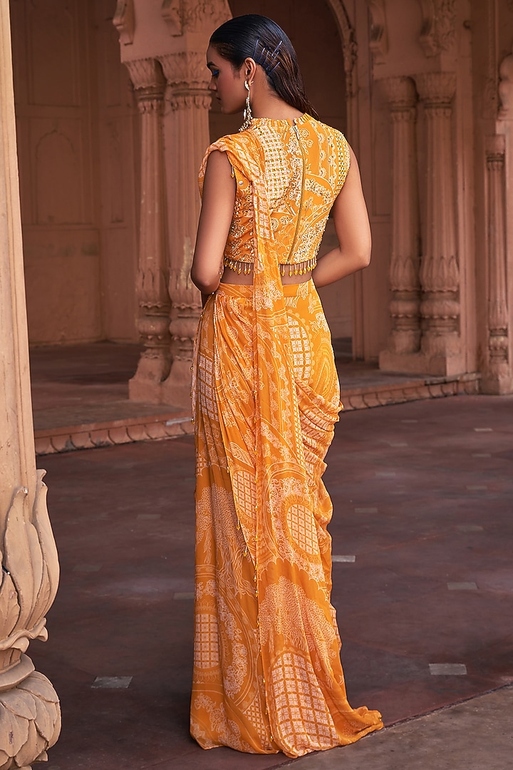 Mustard Georgette & Crepe Thikri Printed Sharara Wedding Saree Set by DiyaRajvvir at Pernia's Pop Up Shop