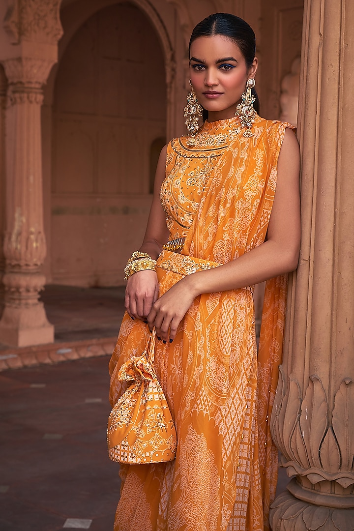 Mustard Georgette & Crepe Thikri Printed Sharara Wedding Saree Set by DiyaRajvvir at Pernia's Pop Up Shop