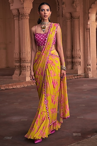 Mango Yellow Cotton Silk & Georgette Floral Printed Skirt Saree Set by DiyaRajvvir