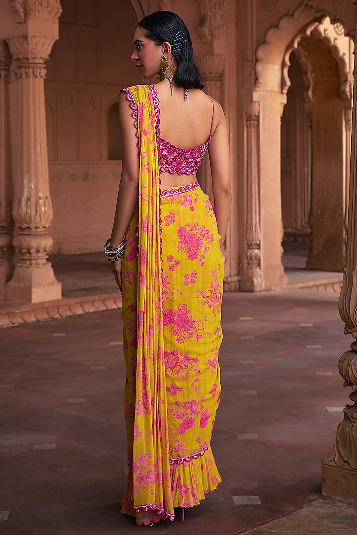 Mango Yellow Cotton Silk & Georgette Floral Printed Skirt Wedding Saree Set by DiyaRajvvir at Pernia's Pop Up Shop
