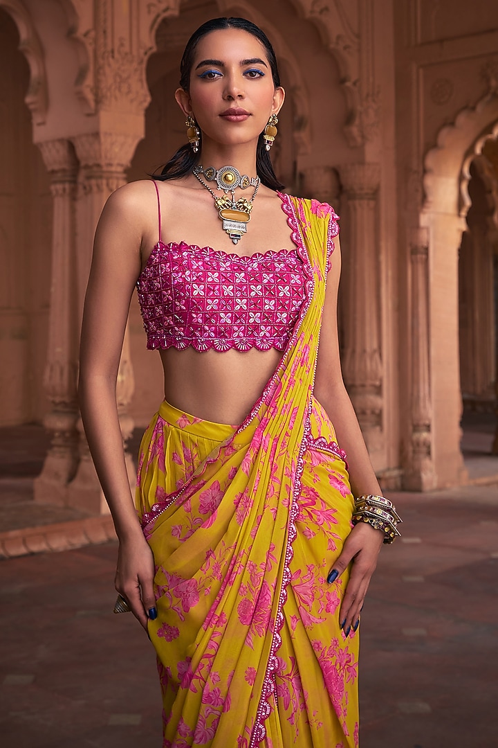 Mango Yellow Cotton Silk & Georgette Floral Printed Skirt Wedding Saree Set by DiyaRajvvir at Pernia's Pop Up Shop