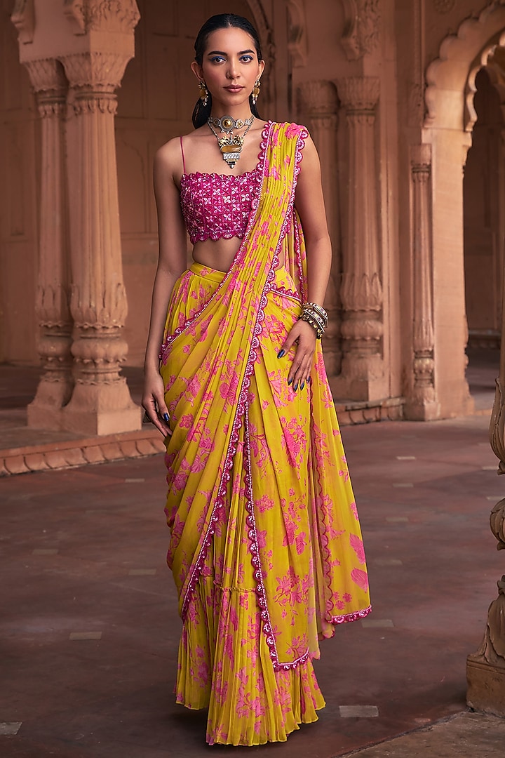 Mango Yellow Cotton Silk & Georgette Floral Printed Skirt Wedding Saree Set by DiyaRajvvir at Pernia's Pop Up Shop