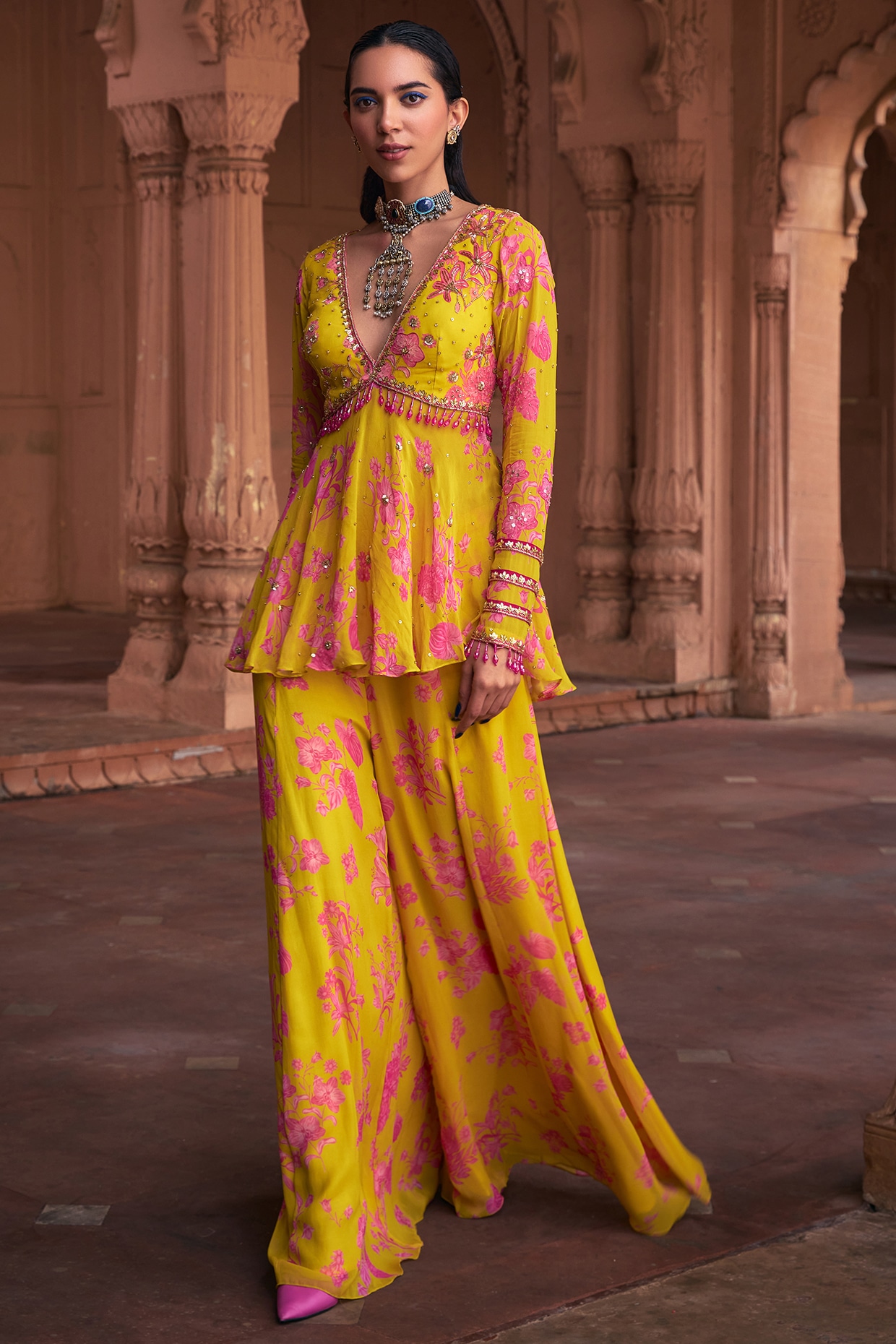 Girls Flared Sharara Set Printed Mango - Purple
