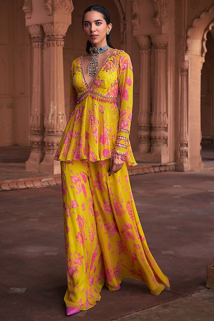 Mango Yellow Georgette Floral Printed Sharara Set by DiyaRajvvir at Pernia's Pop Up Shop