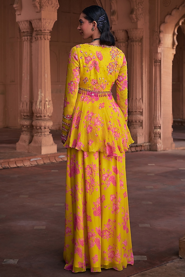 Mango Yellow Georgette Floral Printed Wedding Sharara Set by DiyaRajvvir at Pernia's Pop Up Shop