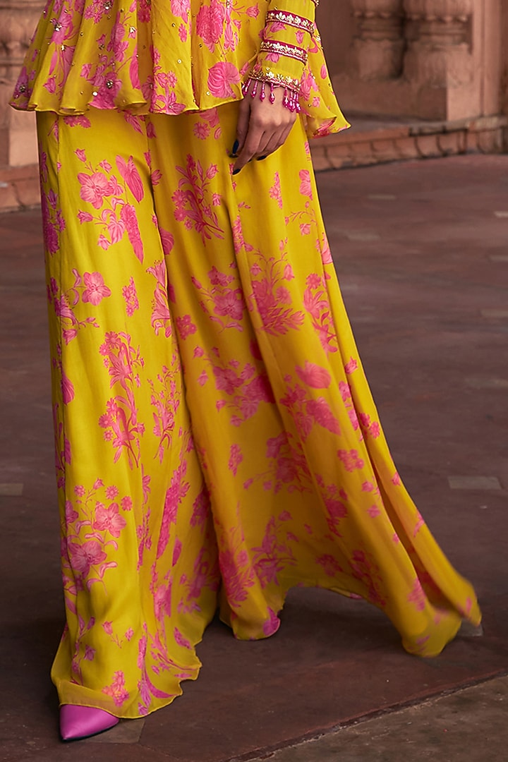 Mango Yellow Georgette Floral Printed Wedding Sharara Set by DiyaRajvvir at Pernia's Pop Up Shop