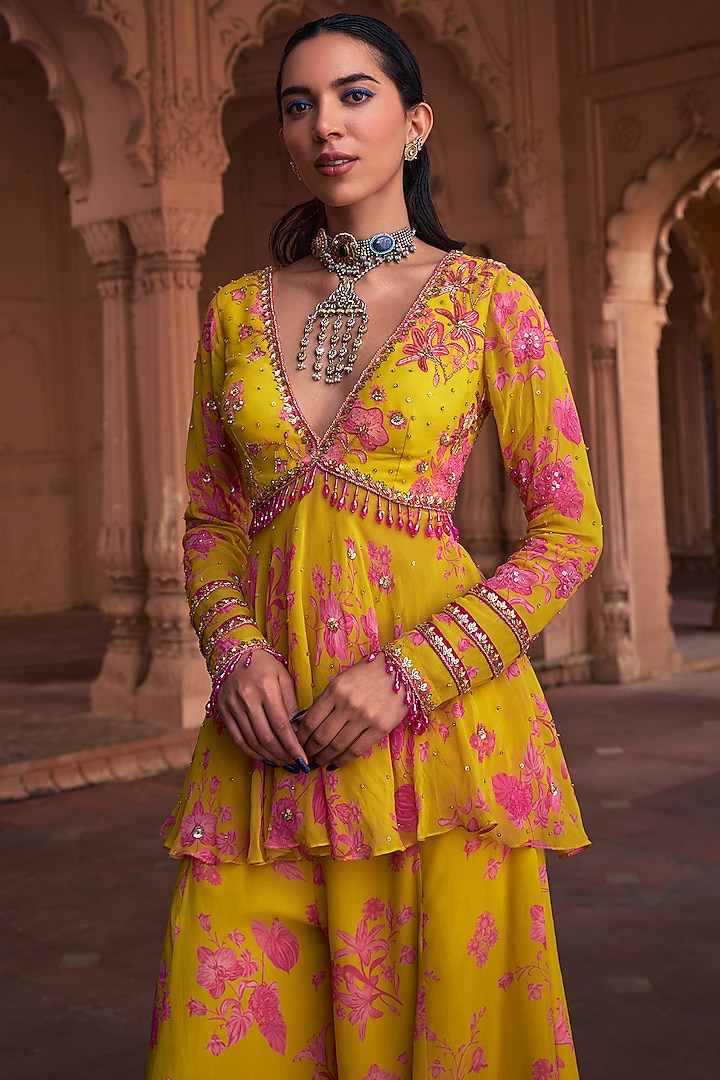 Mango Yellow Georgette Floral Printed Wedding Sharara Set by DiyaRajvvir at Pernia's Pop Up Shop