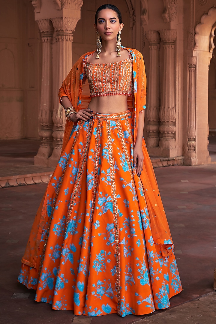 Tangerine Crepe & Tulle Floral Printed Lehenga Set by DiyaRajvvir