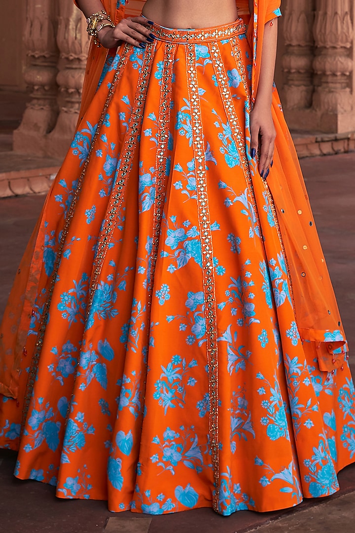 Tangerine Crepe & Tulle Floral Printed Wedding Lehenga Set by DiyaRajvvir at Pernia's Pop Up Shop