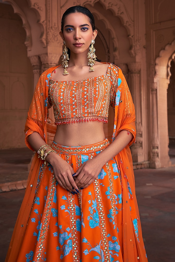 Tangerine Crepe & Tulle Floral Printed Wedding Lehenga Set by DiyaRajvvir at Pernia's Pop Up Shop
