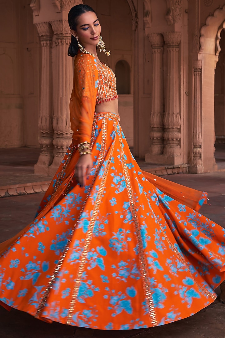 Tangerine Crepe & Tulle Floral Printed Wedding Lehenga Set by DiyaRajvvir at Pernia's Pop Up Shop