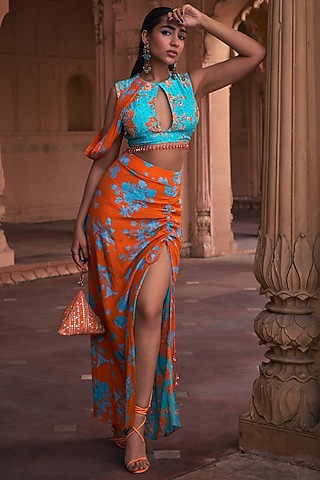 Tangerine Crepe Floral Printed Skirt Set by DiyaRajvvir