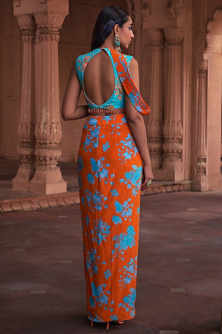 Tangerine Crepe Floral Printed Skirt Set by DiyaRajvvir at Pernia's Pop Up Shop