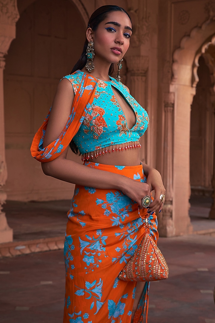 Tangerine Crepe Floral Printed Skirt Set by DiyaRajvvir at Pernia's Pop Up Shop
