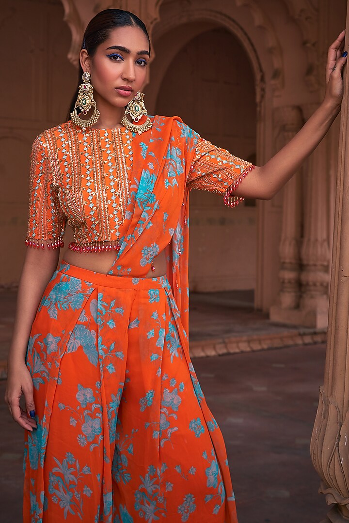 Tangerine Crepe & Georgette Floral Printed Box Pleated Pant Wedding Saree Set by DiyaRajvvir at Pernia's Pop Up Shop