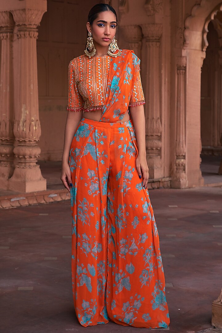Tangerine Crepe & Georgette Floral Printed Box Pleated Pant Wedding Saree Set by DiyaRajvvir at Pernia's Pop Up Shop