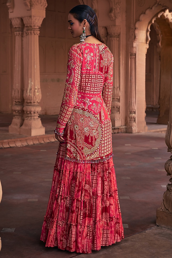 Maroon Georgette Thikri Printed Gharara Set by DiyaRajvvir at Pernia's Pop Up Shop