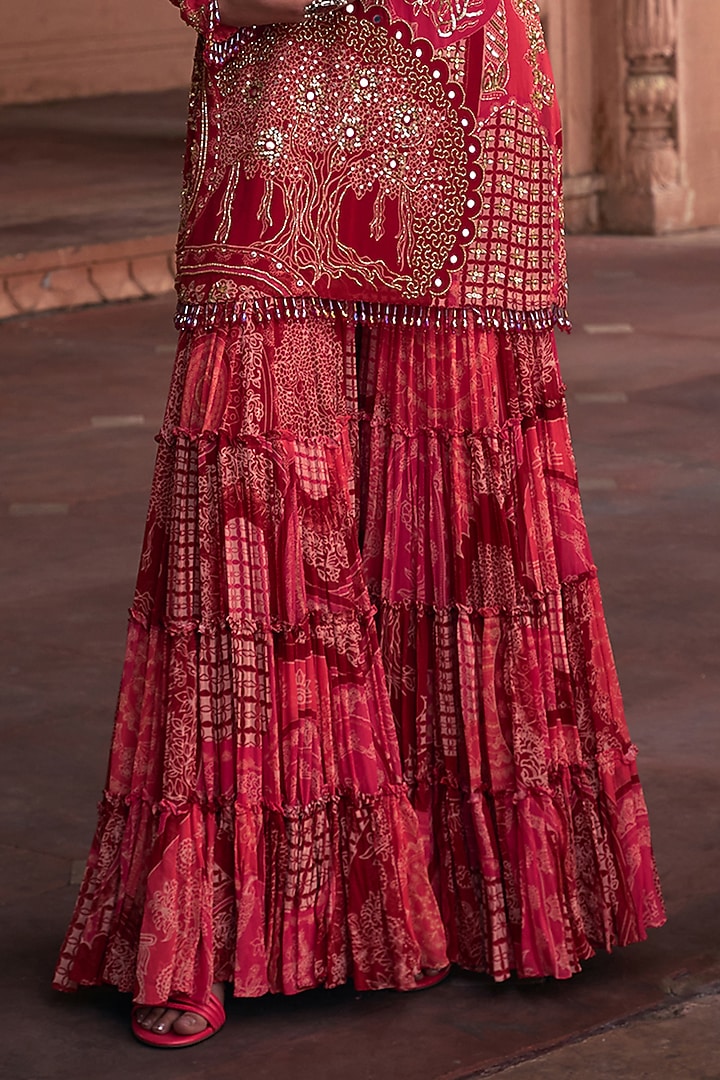 Maroon Georgette Thikri Printed Gharara Set by DiyaRajvvir at Pernia's Pop Up Shop