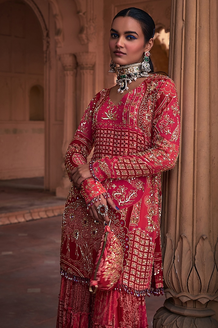 Maroon Georgette Thikri Printed Gharara Set by DiyaRajvvir at Pernia's Pop Up Shop