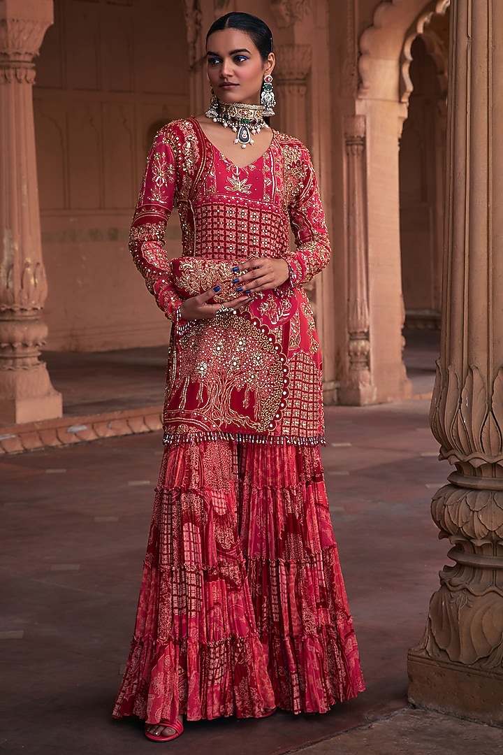 Maroon Printed Rayon Flared Gharara