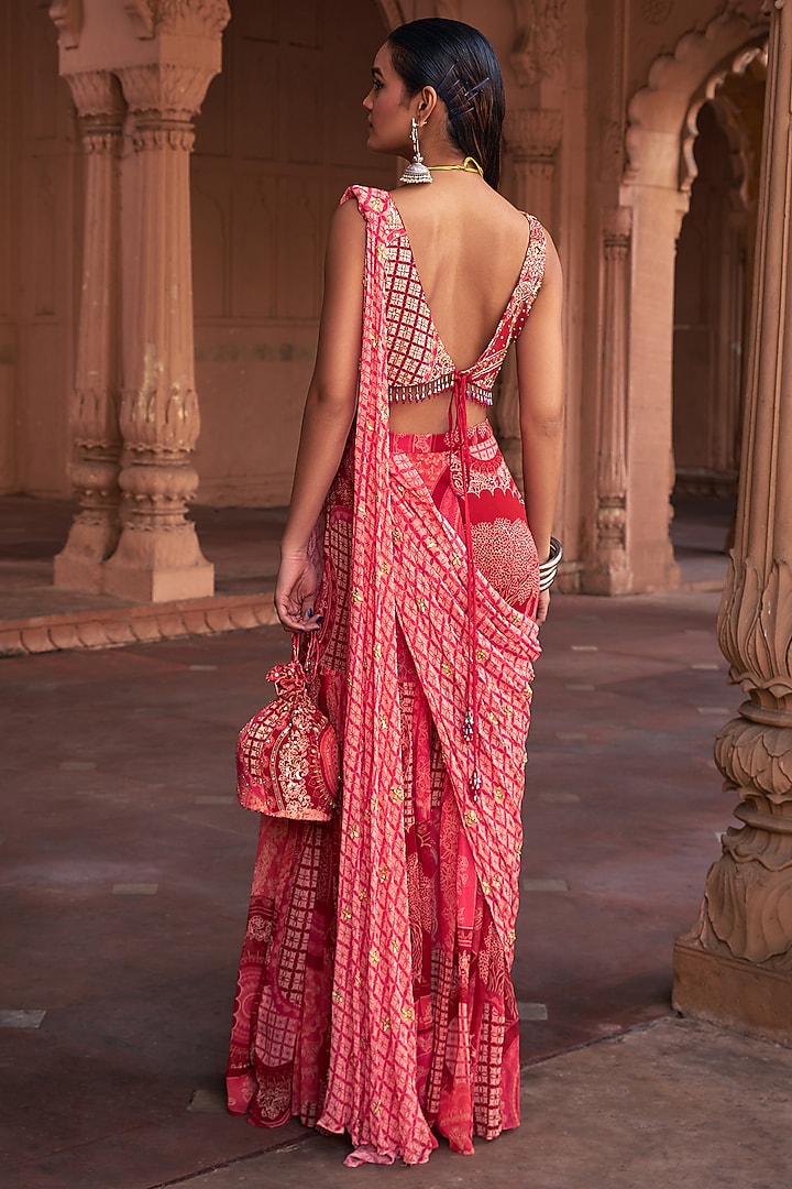 Maroon Crepe & Georgette Thikri Printed Drape Gharara Wedding Saree Set by DiyaRajvvir at Pernia's Pop Up Shop