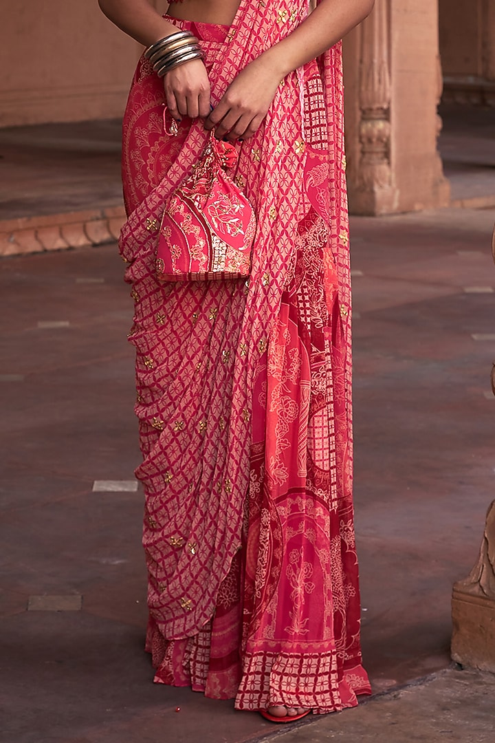 Maroon Crepe & Georgette Thikri Printed Drape Gharara Wedding Saree Set by DiyaRajvvir at Pernia's Pop Up Shop