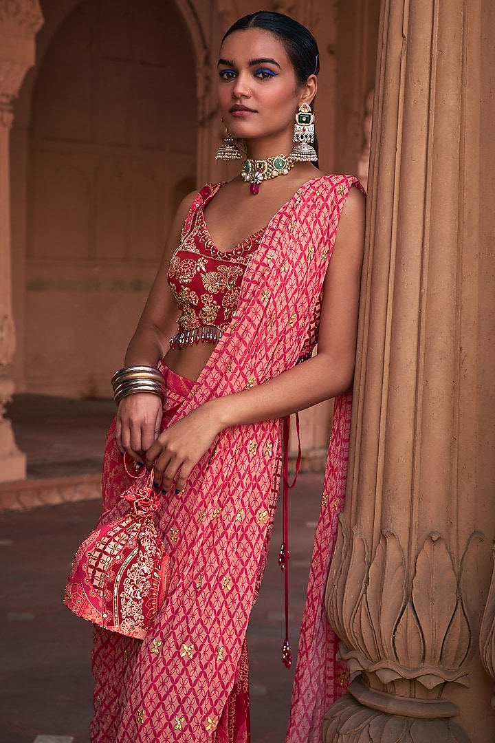 Maroon Crepe & Georgette Thikri Printed Drape Gharara Wedding Saree Set by DiyaRajvvir at Pernia's Pop Up Shop