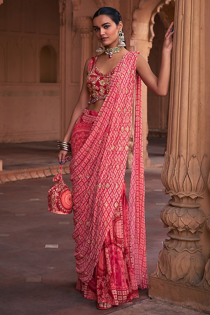 Maroon Crepe & Georgette Thikri Printed Drape Gharara Wedding Saree Set by DiyaRajvvir at Pernia's Pop Up Shop