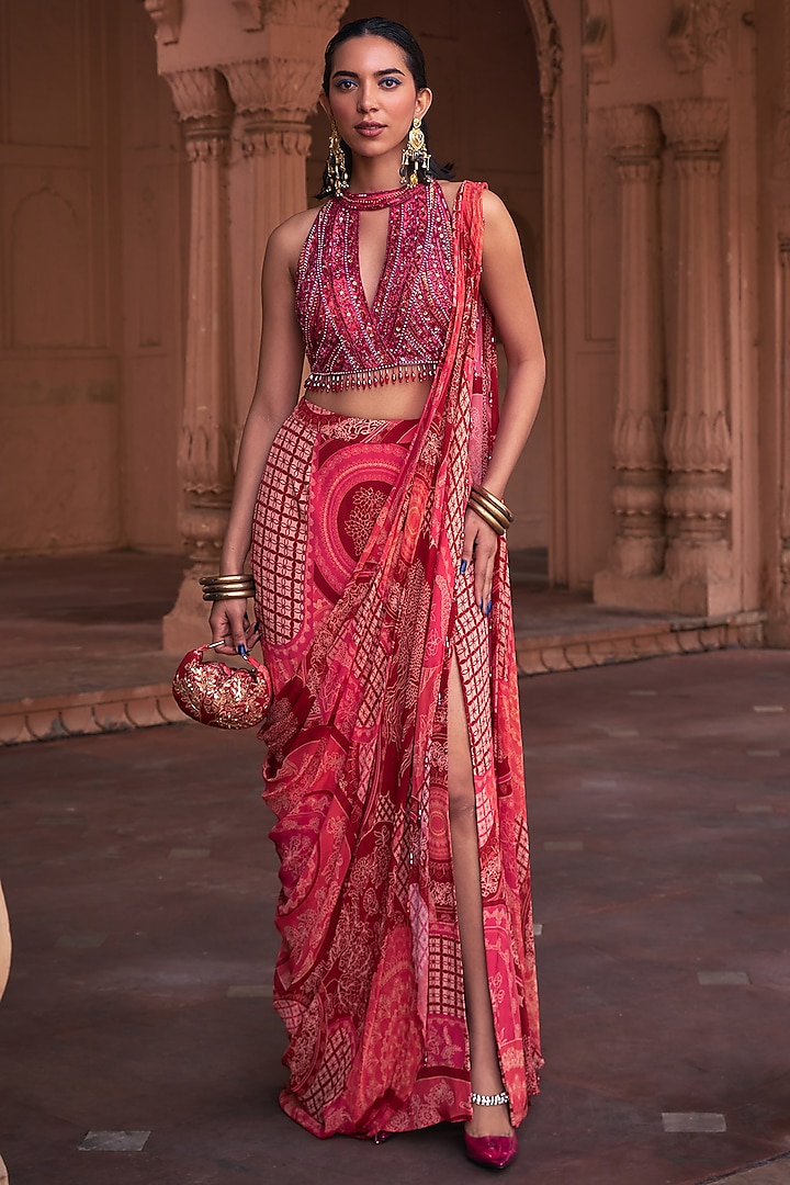 Maroon Tulle Georgette & Crepe Thikri Printed Skirt Saree Set by DiyaRajvvir