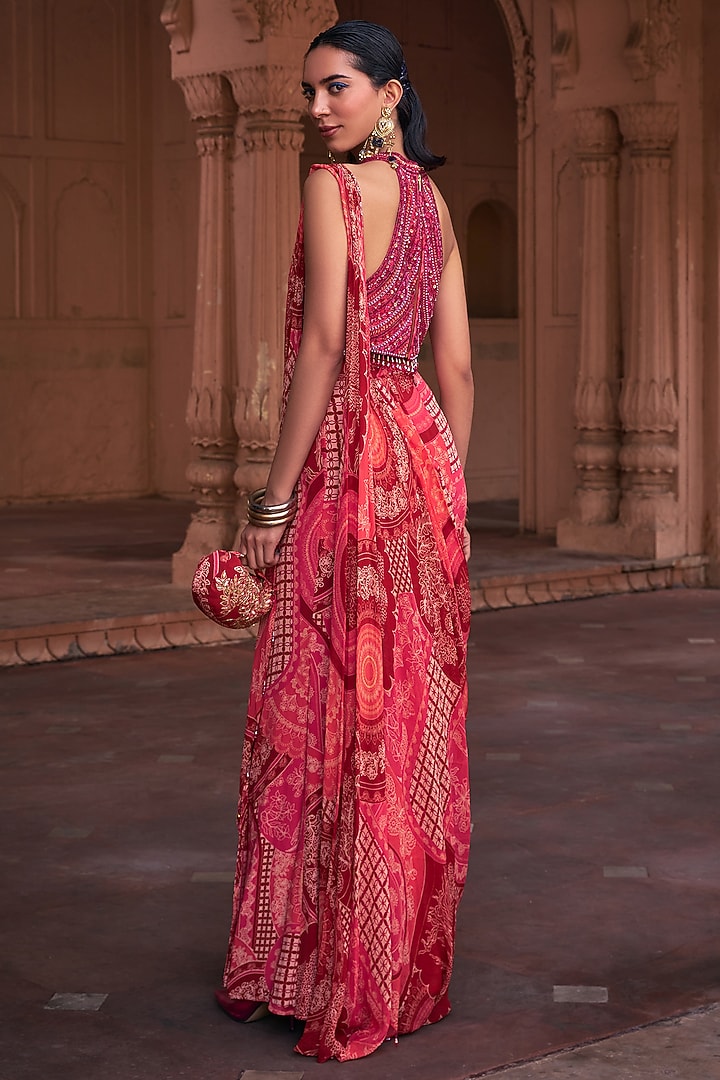 Maroon Tulle Georgette & Crepe Thikri Printed Skirt Wedding Saree Set by DiyaRajvvir at Pernia's Pop Up Shop