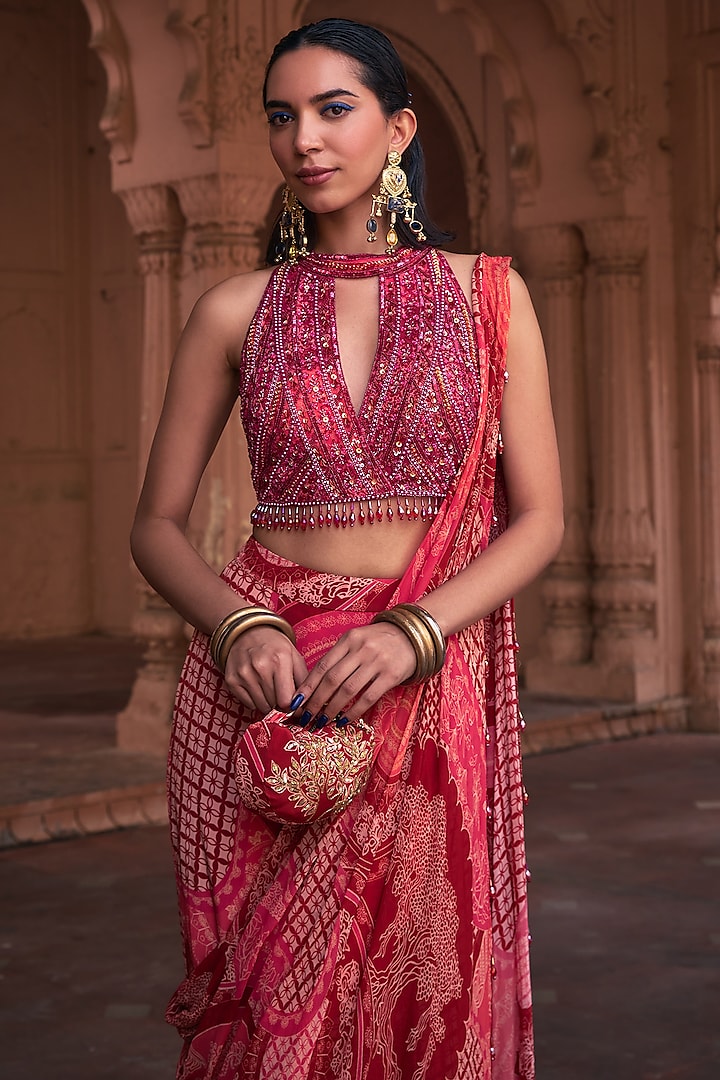 Maroon Tulle Georgette & Crepe Thikri Printed Skirt Wedding Saree Set by DiyaRajvvir at Pernia's Pop Up Shop