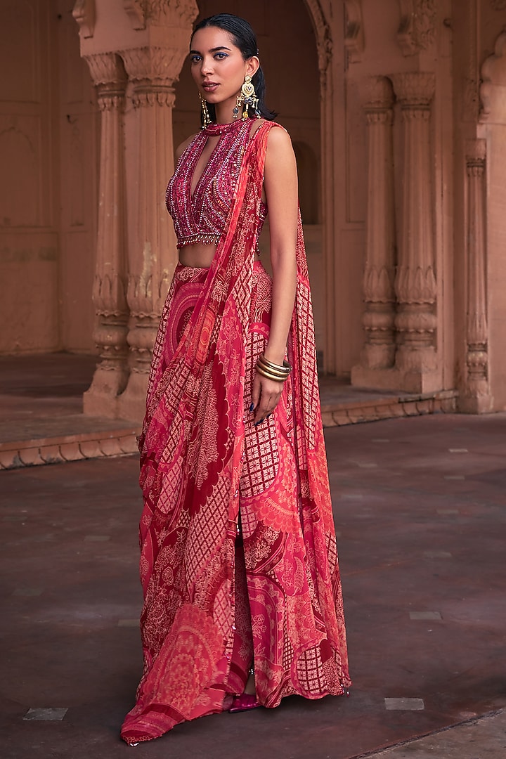 Maroon Tulle Georgette & Crepe Thikri Printed Skirt Wedding Saree Set by DiyaRajvvir at Pernia's Pop Up Shop