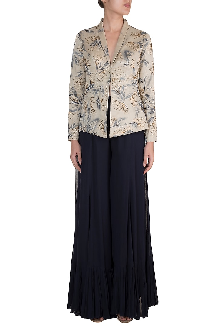 Silver Embroidered & Painted Jacket With Black Skirt Pant by DiyaRajvvir at Pernia's Pop Up Shop