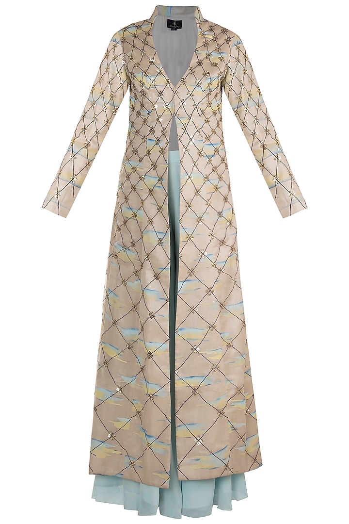 Silver & Powder Blue Embroidered Painted Sherwani Set by DiyaRajvvir at Pernia's Pop Up Shop