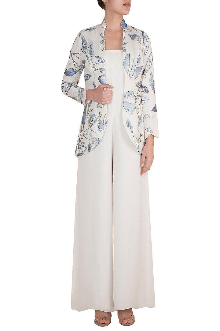 White Embroidered & Painted Jacket With Jumpsuit by DiyaRajvvir at Pernia's Pop Up Shop