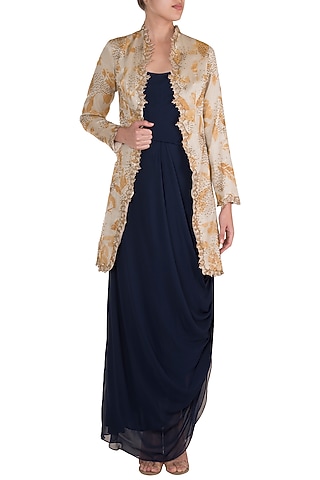 Mustard Embroidered & Painted Jacket With Dark Blue Cowl Dress by DiyaRajvvir