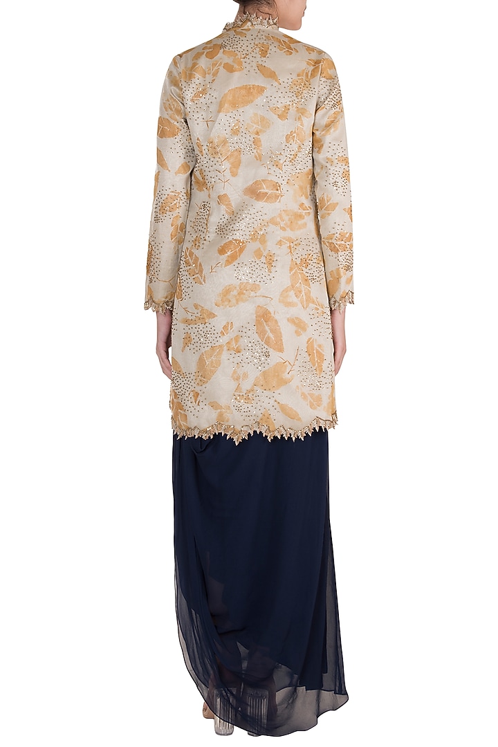 Mustard Embroidered & Painted Jacket With Dark Blue Cowl Cocktail Dress by DiyaRajvvir at Pernia's Pop Up Shop