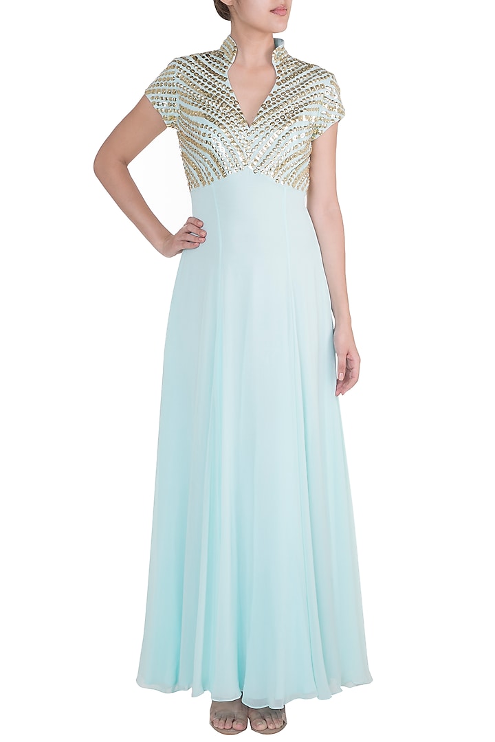 Powder Blue Embroidered Party Wear Anarkali by DiyaRajvvir at Pernia's Pop Up Shop