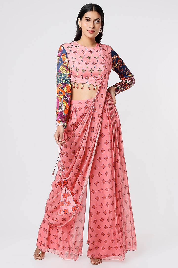 Geranium Pink Georgette & Modal Sequins Embroidered Pant Wedding Saree Set by DiyaRajvvir at Pernia's Pop Up Shop