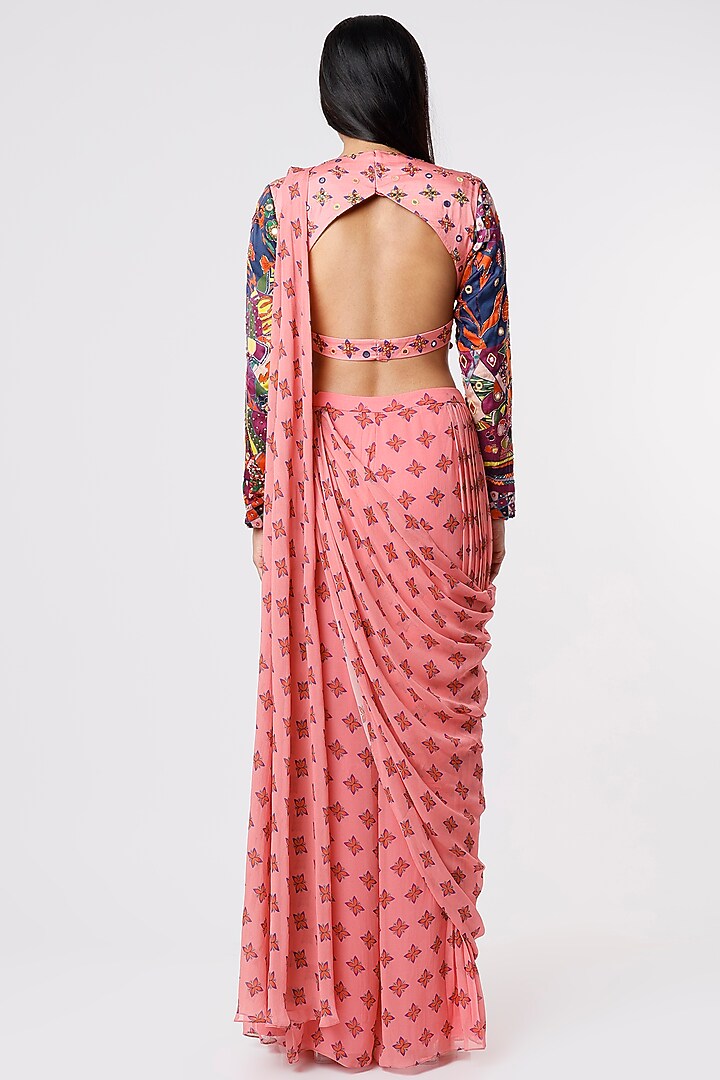 Geranium Pink Georgette & Modal Sequins Embroidered Pant Wedding Saree Set by DiyaRajvvir at Pernia's Pop Up Shop