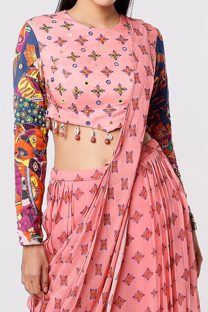 Geranium Pink Georgette & Modal Sequins Embroidered Pant Wedding Saree Set by DiyaRajvvir at Pernia's Pop Up Shop
