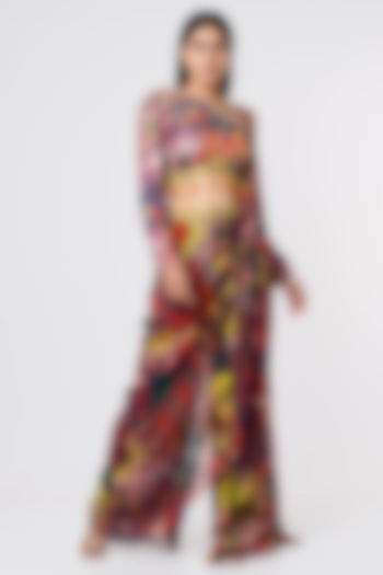Multi-Colored Georgette & Modal Aztec Printed Sharara Wedding Saree Set by DiyaRajvvir at Pernia's Pop Up Shop